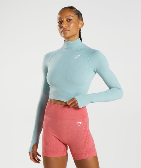 Women's Gymshark Vital Seamless 2.0 High Neck Midi Cropped Tops Light Blue | NZ 0ZYUVS